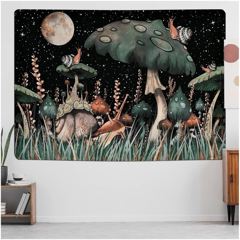 Trippy Mushroom Tapestry Fantasy Moon and Stars with Snail Flowers 59"X 51" New